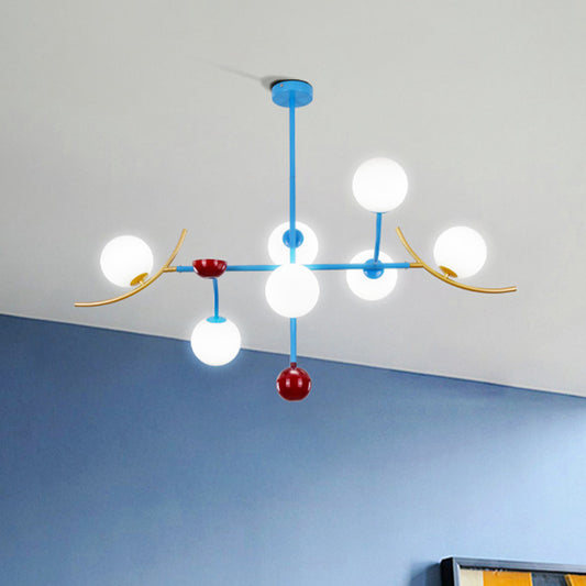 Opal Glass Ball Island Lighting Modernism 7 Lights Blue Finish Hanging Lamp Fixture for Dining Room Clearhalo 'Ceiling Lights' 'Close To Ceiling Lights' 'Glass shade' 'Glass' 'Island Lights' Lighting' 303527