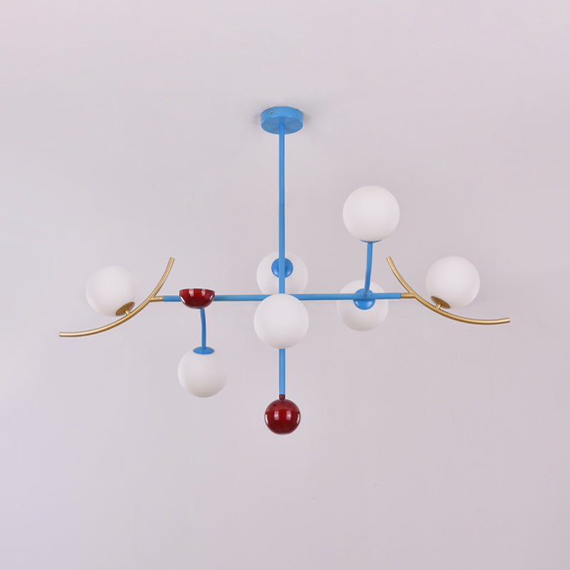 Opal Glass Ball Island Lighting Modernism 7 Lights Blue Finish Hanging Lamp Fixture for Dining Room Clearhalo 'Ceiling Lights' 'Close To Ceiling Lights' 'Glass shade' 'Glass' 'Island Lights' Lighting' 303528