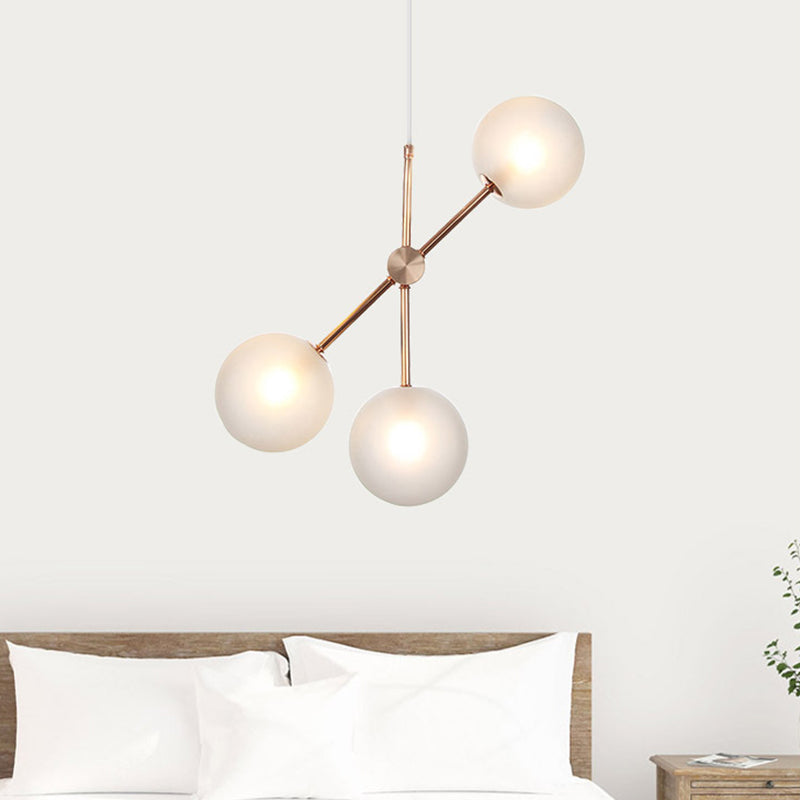 Modernist 3 Heads LED Chandelier Lamp Fixture Rose Gold Global Hanging Pendant Light with White Frosted Glass Shade Clearhalo 'Ceiling Lights' 'Chandeliers' 'Glass shade' 'Glass' 'Modern Chandeliers' 'Modern' Lighting' 303537