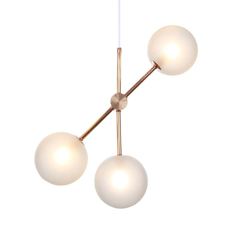 Modernist 3 Heads LED Chandelier Lamp Fixture Rose Gold Global Hanging Pendant Light with White Frosted Glass Shade Clearhalo 'Ceiling Lights' 'Chandeliers' 'Glass shade' 'Glass' 'Modern Chandeliers' 'Modern' Lighting' 303539