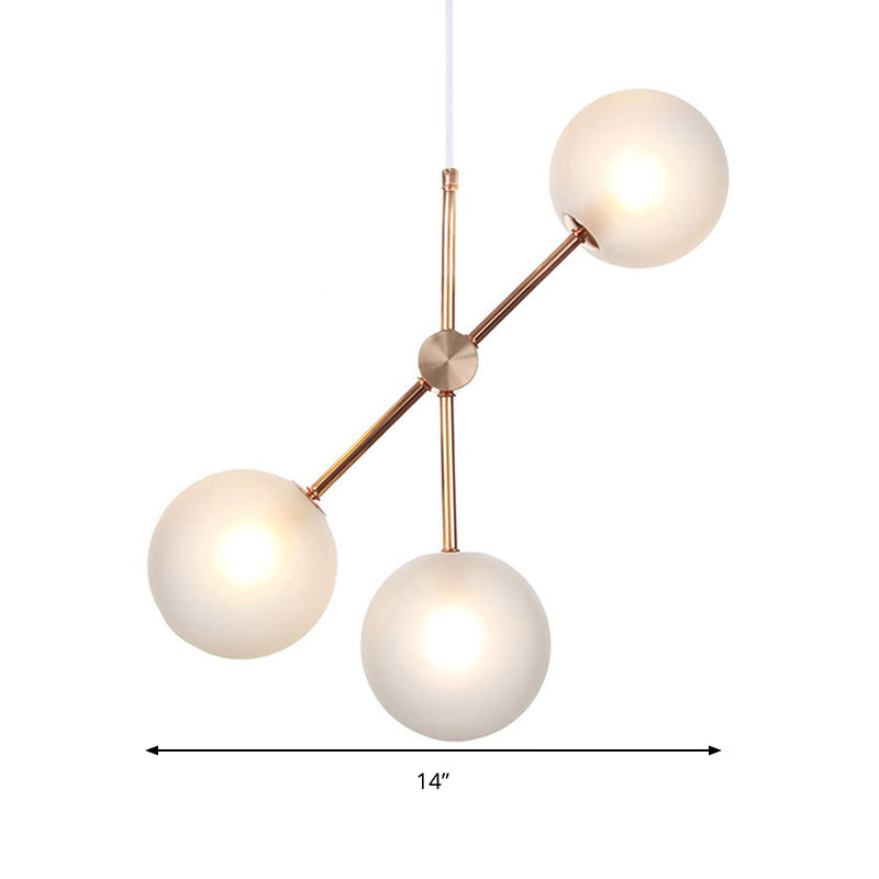 Modernist 3 Heads LED Chandelier Lamp Fixture Rose Gold Global Hanging Pendant Light with White Frosted Glass Shade Clearhalo 'Ceiling Lights' 'Chandeliers' 'Glass shade' 'Glass' 'Modern Chandeliers' 'Modern' Lighting' 303540