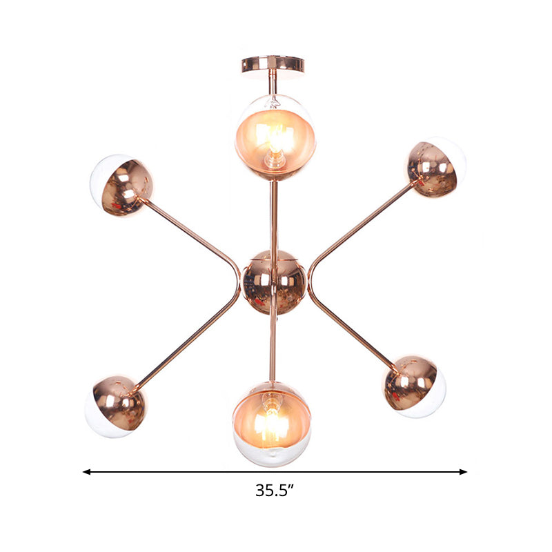 6 Lights Bedroom Hanging Ceiling Lamp Contemporary Rose Gold LED Chandelier with Modo Amber Glass Shade Clearhalo 'Ceiling Lights' 'Chandeliers' 'Glass shade' 'Glass' 'Modern Chandeliers' 'Modern' Lighting' 303545