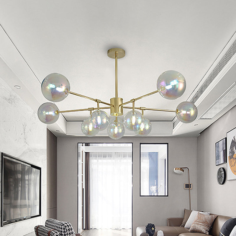 10 Heads Living Room Chandelier Lighting Modern Gold LED Pendant Lamp with Sphere Rainbow Glass Shade Gold Clearhalo 'Ceiling Lights' 'Chandeliers' 'Glass shade' 'Glass' 'Modern Chandeliers' 'Modern' Lighting' 303560