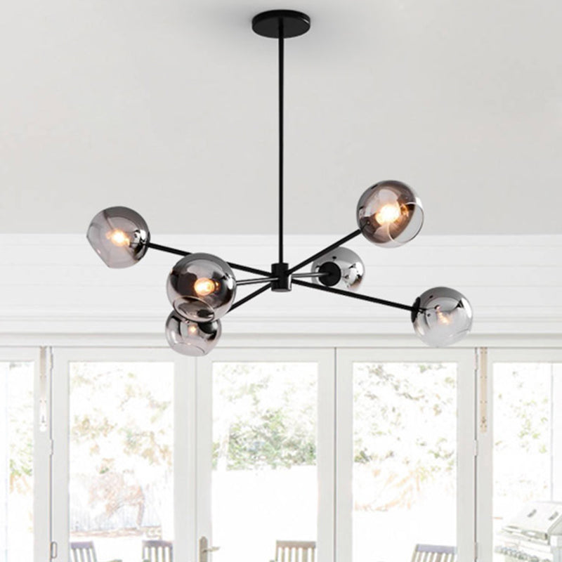 Black Round Hanging Chandelier Modernism 6 Heads Grey Glass Pendant Ceiling Light with Starburst Design Black Clearhalo 'Ceiling Lights' 'Chandeliers' 'Glass shade' 'Glass' 'Modern Chandeliers' 'Modern' Lighting' 303565