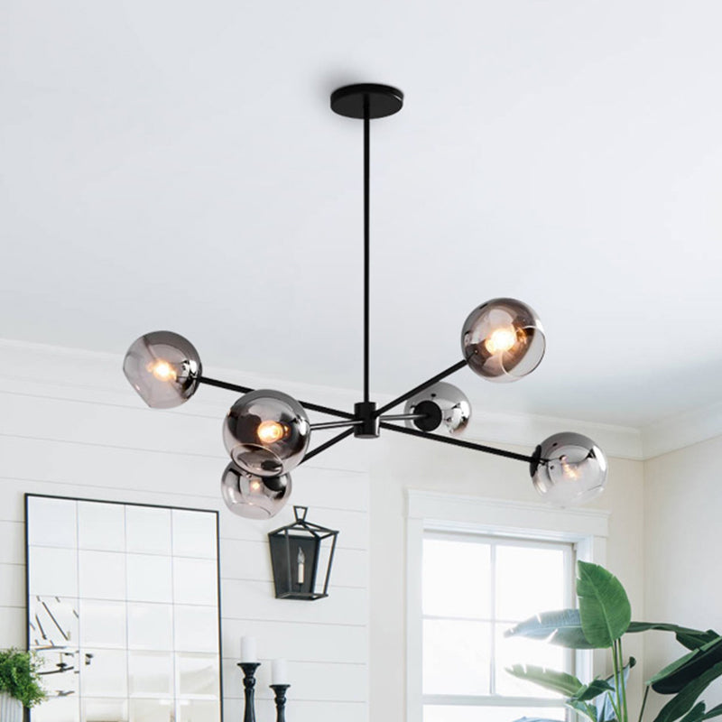 Black Round Hanging Chandelier Modernism 6 Heads Grey Glass Pendant Ceiling Light with Starburst Design Clearhalo 'Ceiling Lights' 'Chandeliers' 'Glass shade' 'Glass' 'Modern Chandeliers' 'Modern' Lighting' 303566