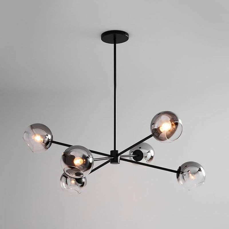 Black Round Hanging Chandelier Modernism 6 Heads Grey Glass Pendant Ceiling Light with Starburst Design Clearhalo 'Ceiling Lights' 'Chandeliers' 'Glass shade' 'Glass' 'Modern Chandeliers' 'Modern' Lighting' 303567