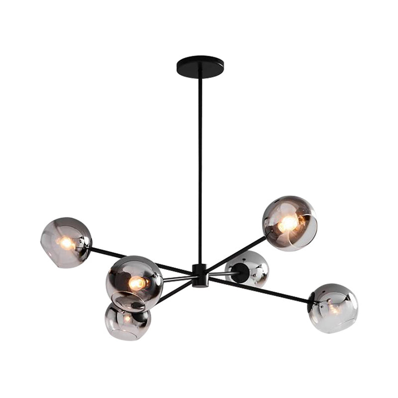 Black Round Hanging Chandelier Modernism 6 Heads Grey Glass Pendant Ceiling Light with Starburst Design Clearhalo 'Ceiling Lights' 'Chandeliers' 'Glass shade' 'Glass' 'Modern Chandeliers' 'Modern' Lighting' 303568