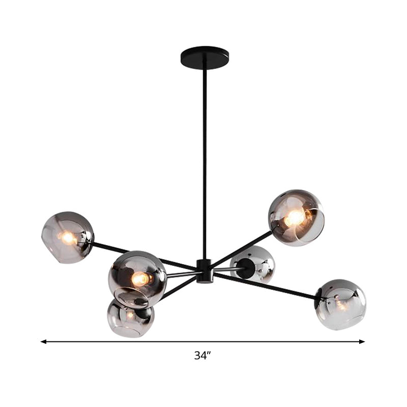 Black Round Hanging Chandelier Modernism 6 Heads Grey Glass Pendant Ceiling Light with Starburst Design Clearhalo 'Ceiling Lights' 'Chandeliers' 'Glass shade' 'Glass' 'Modern Chandeliers' 'Modern' Lighting' 303569