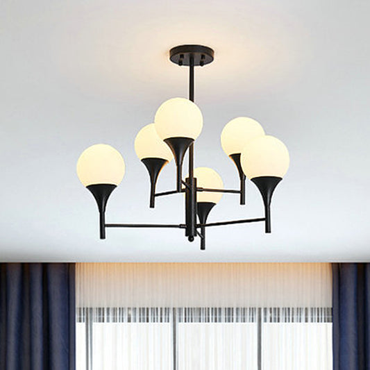 Sphere White Glass Hanging Lighting Contemporary 6 Lights Black Chandelier Lamp for Living Room Black Clearhalo 'Ceiling Lights' 'Chandeliers' 'Glass shade' 'Glass' 'Modern Chandeliers' 'Modern' Lighting' 303575_597a2b50-1ae7-455f-b12d-a7d598fdea41