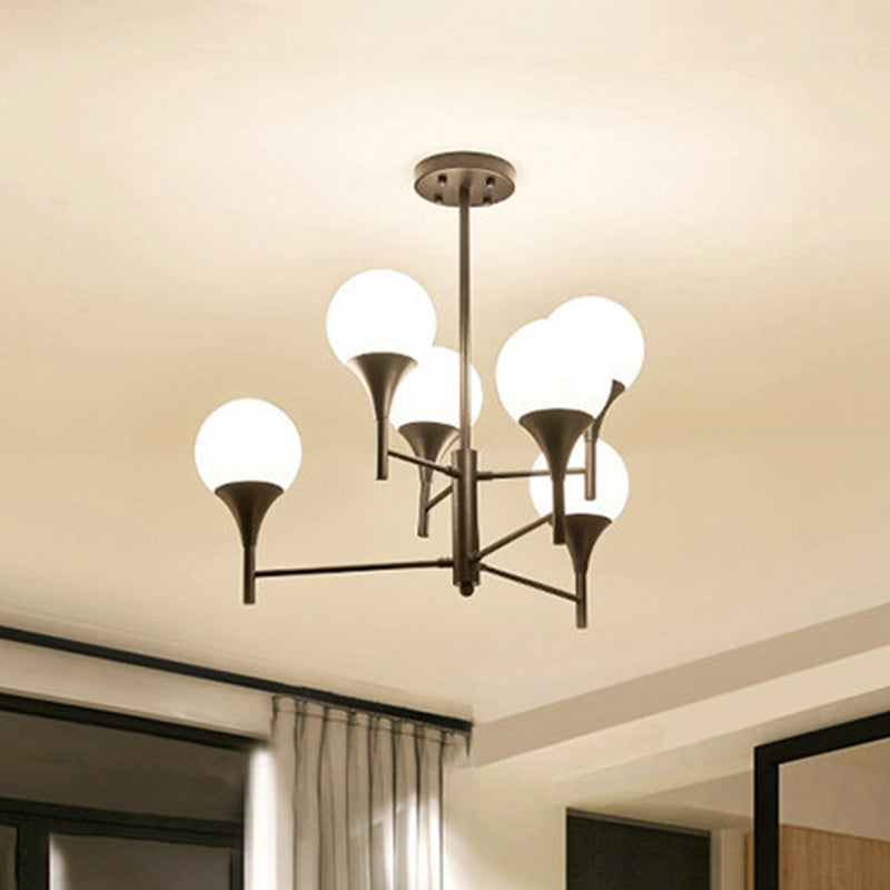 Sphere White Glass Hanging Lighting Contemporary 6 Lights Black Chandelier Lamp for Living Room Clearhalo 'Ceiling Lights' 'Chandeliers' 'Glass shade' 'Glass' 'Modern Chandeliers' 'Modern' Lighting' 303576