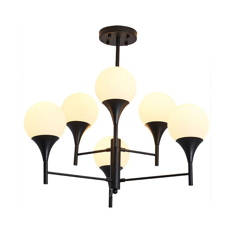 Sphere White Glass Hanging Lighting Contemporary 6 Lights Black Chandelier Lamp for Living Room Clearhalo 'Ceiling Lights' 'Chandeliers' 'Glass shade' 'Glass' 'Modern Chandeliers' 'Modern' Lighting' 303578