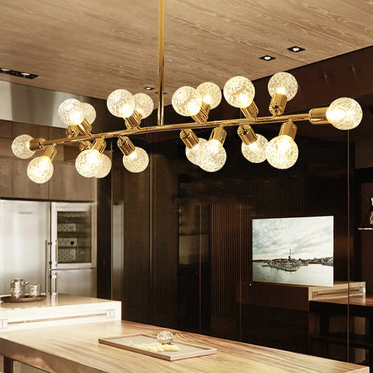 Gold Linear LED Island Lighting Contemporary 18 Lights Metal Hanging Ceiling Lamp with Ribbing Glass Shade Gold Clearhalo 'Ceiling Lights' 'Chandeliers' 'Glass shade' 'Glass' 'Island Lights' Lighting' 303597
