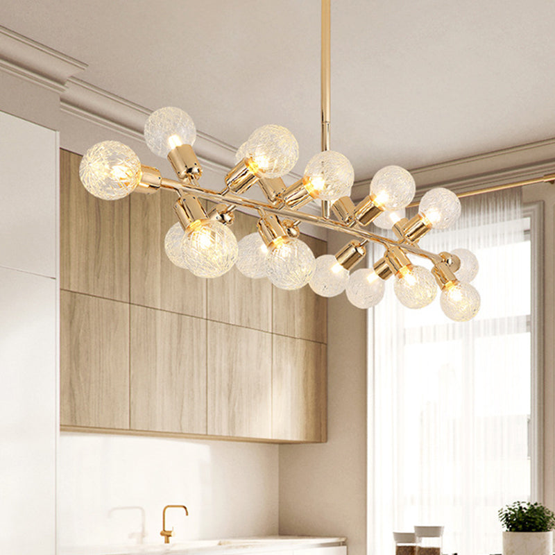 Gold Linear LED Island Lighting Contemporary 18 Lights Metal Hanging Ceiling Lamp with Ribbing Glass Shade Clearhalo 'Ceiling Lights' 'Chandeliers' 'Glass shade' 'Glass' 'Island Lights' Lighting' 303598