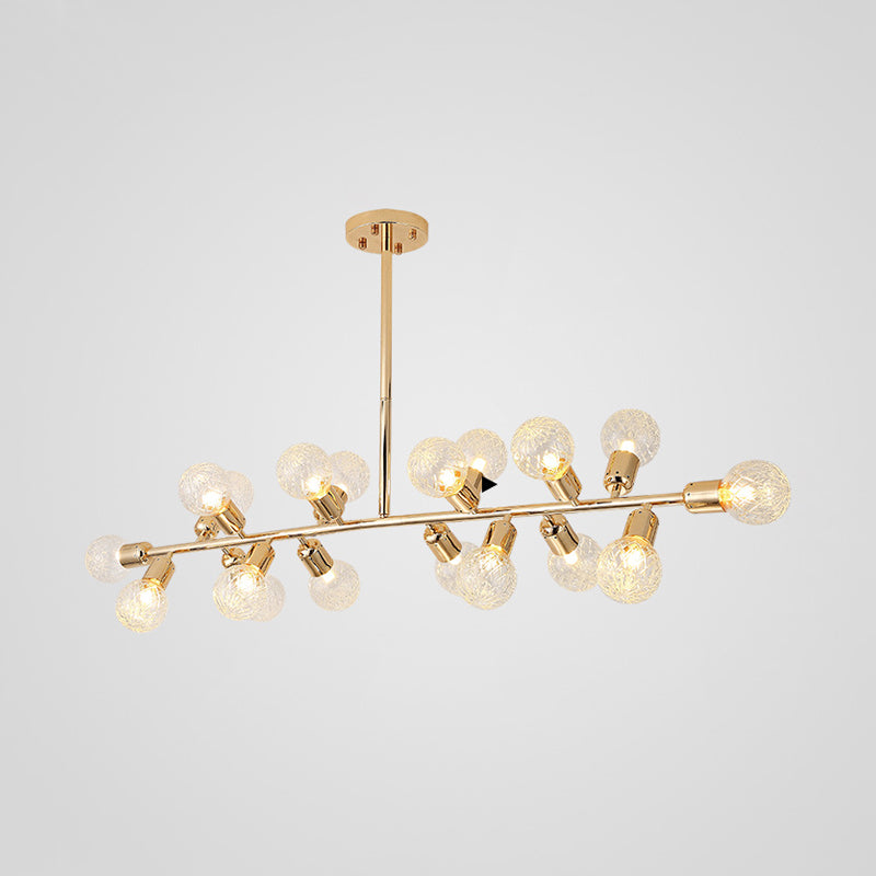 Gold Linear LED Island Lighting Contemporary 18 Lights Metal Hanging Ceiling Lamp with Ribbing Glass Shade Clearhalo 'Ceiling Lights' 'Chandeliers' 'Glass shade' 'Glass' 'Island Lights' Lighting' 303599