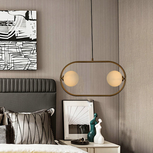 Modern Globe Hanging Chandelier Frosted Glass 2 Bulbs Bedroom LED Ceiling Pendant Light in Gold Gold Clearhalo 'Ceiling Lights' 'Chandeliers' 'Glass shade' 'Glass' 'Island Lights' 'Modern Chandeliers' 'Modern' Lighting' 303609