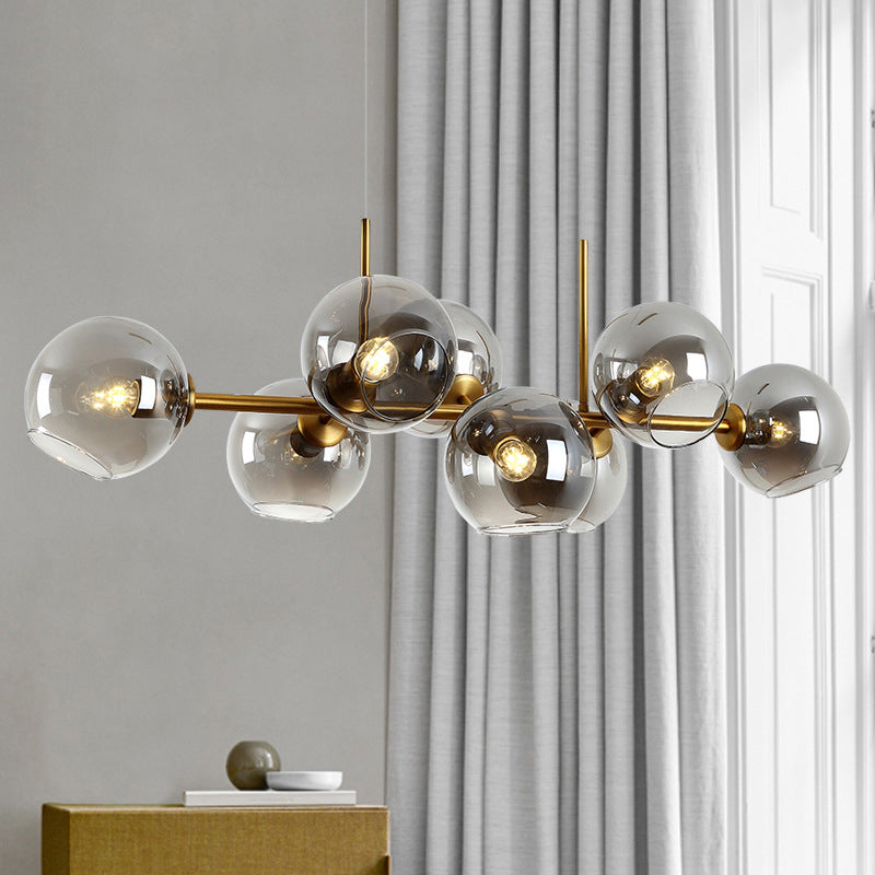 Gold/Black Round Island Lighting Contemporary 8 Heads Smoky Glass Hanging Ceiling Lamp with Linear Design Clearhalo 'Ceiling Lights' 'Chandeliers' 'Glass shade' 'Glass' 'Island Lights' Lighting' 303615