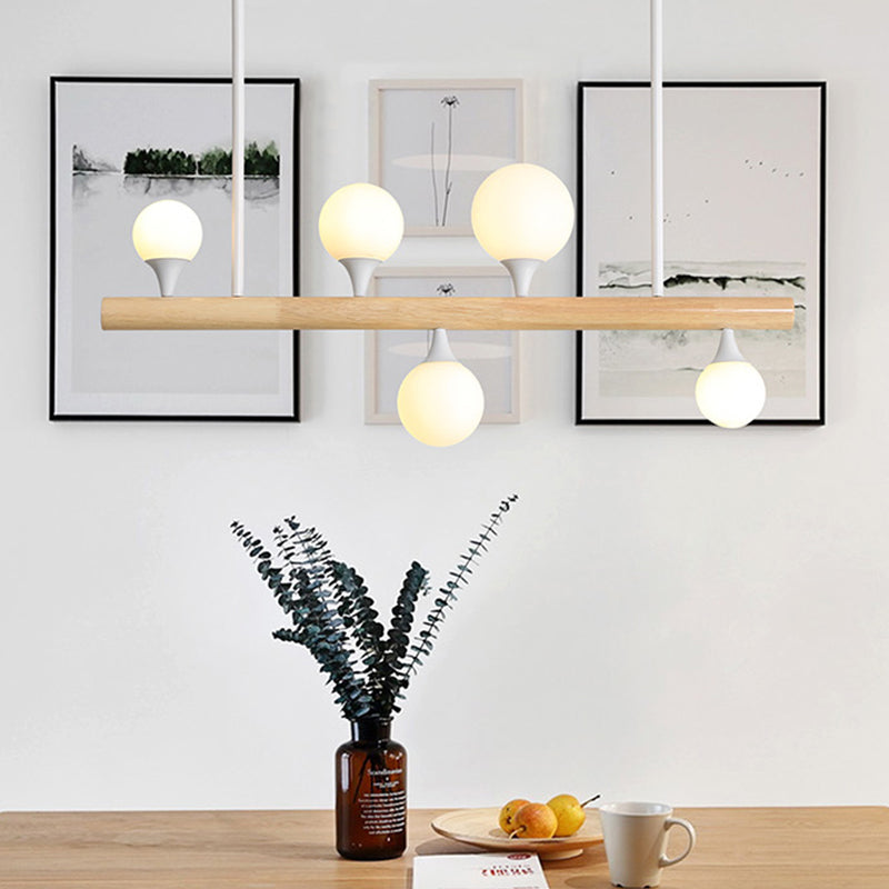 Asian Style Linear Wood Hanging Lighting 5/7 Bulbs LED Island Lamp in Beige for Dining Room 5 Wood Clearhalo 'Ceiling Lights' 'Island Lights' Lighting' 303634