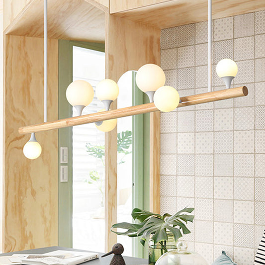 Asian Style Linear Wood Hanging Lighting 5/7 Bulbs LED Island Lamp in Beige for Dining Room Clearhalo 'Ceiling Lights' 'Island Lights' Lighting' 303640