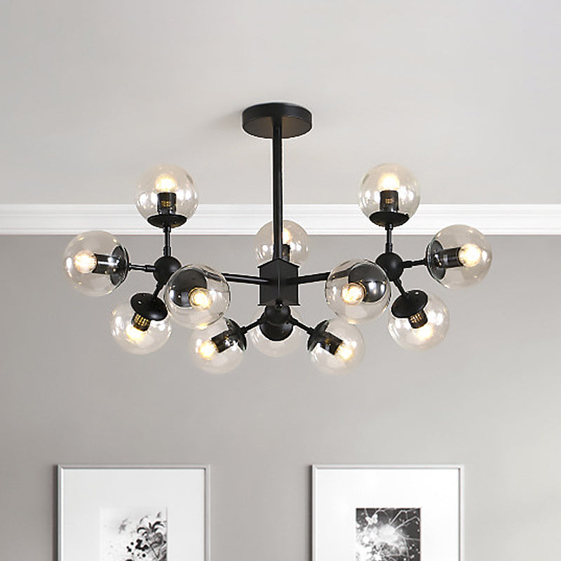 Modern 8/12 Heads Ceiling Chandelier Black Sphere Hanging Light Fixture with Clear Glass Shade 12 Black Clearhalo 'Ceiling Lights' 'Chandeliers' 'Close To Ceiling Lights' 'Glass shade' 'Glass' 'Modern Chandeliers' 'Modern' Lighting' 303662