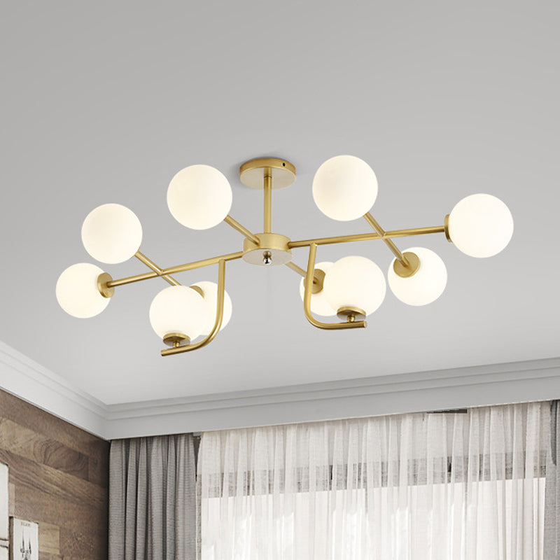 Gold Round Semi Flush Light Modernist 10 Bulbs White Glass Close to Ceiling Lighting Clearhalo 'Ceiling Lights' 'Chandeliers' 'Close To Ceiling Lights' 'Close to ceiling' 'Glass shade' 'Glass' 'Semi-flushmount' Lighting' 303667
