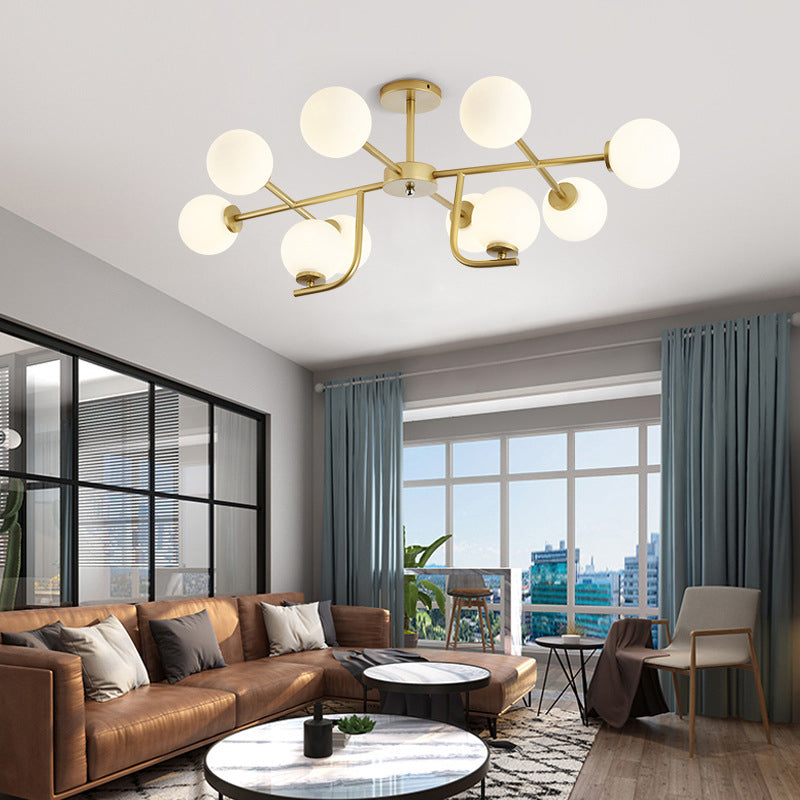 Gold Round Semi Flush Light Modernist 10 Bulbs White Glass Close to Ceiling Lighting Clearhalo 'Ceiling Lights' 'Chandeliers' 'Close To Ceiling Lights' 'Close to ceiling' 'Glass shade' 'Glass' 'Semi-flushmount' Lighting' 303669