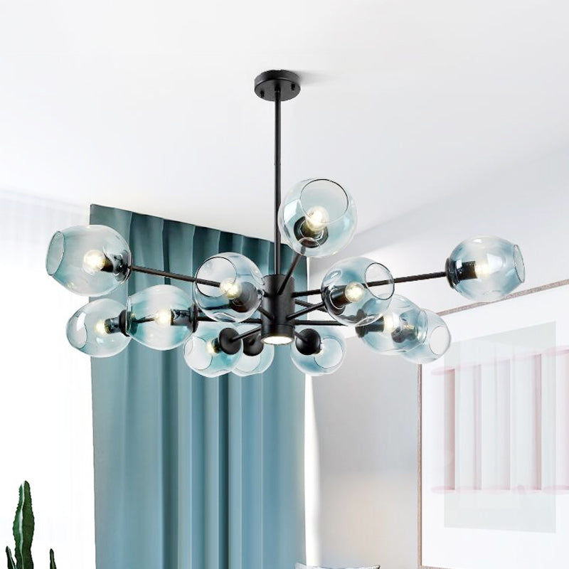 Cup Pendant Chandelier Contemporary Blue Glass 12 Heads Living Room Hanging Ceiling Light Clearhalo 'Ceiling Lights' 'Chandeliers' 'Glass shade' 'Glass' 'Modern Chandeliers' 'Modern' Lighting' 303673