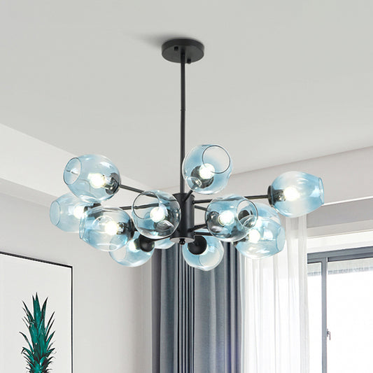 Cup Pendant Chandelier Contemporary Blue Glass 12 Heads Living Room Hanging Ceiling Light Blue Clearhalo 'Ceiling Lights' 'Chandeliers' 'Glass shade' 'Glass' 'Modern Chandeliers' 'Modern' Lighting' 303674