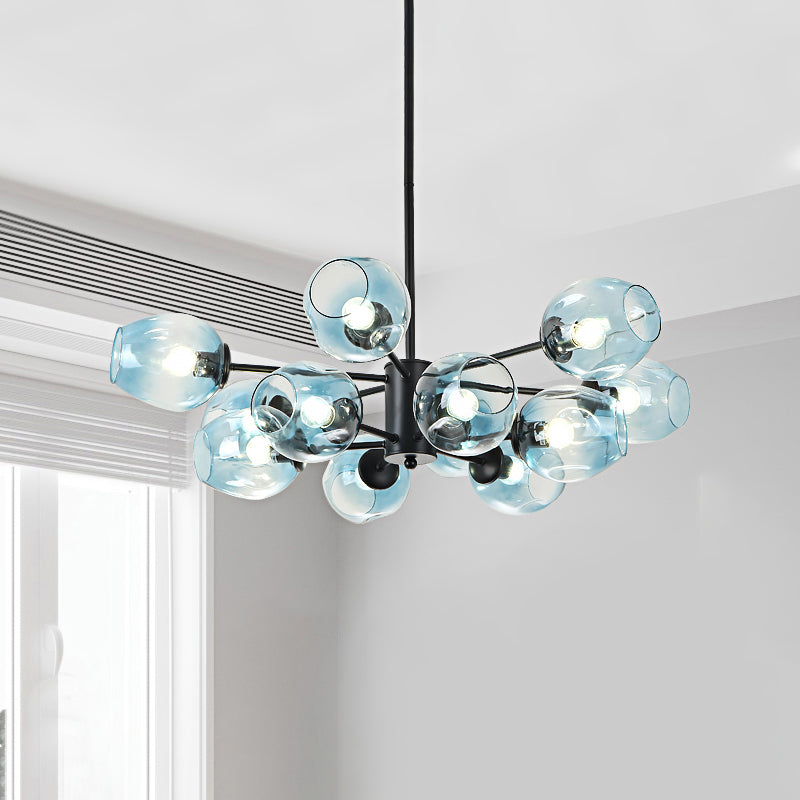 Cup Pendant Chandelier Contemporary Blue Glass 12 Heads Living Room Hanging Ceiling Light Clearhalo 'Ceiling Lights' 'Chandeliers' 'Glass shade' 'Glass' 'Modern Chandeliers' 'Modern' Lighting' 303675