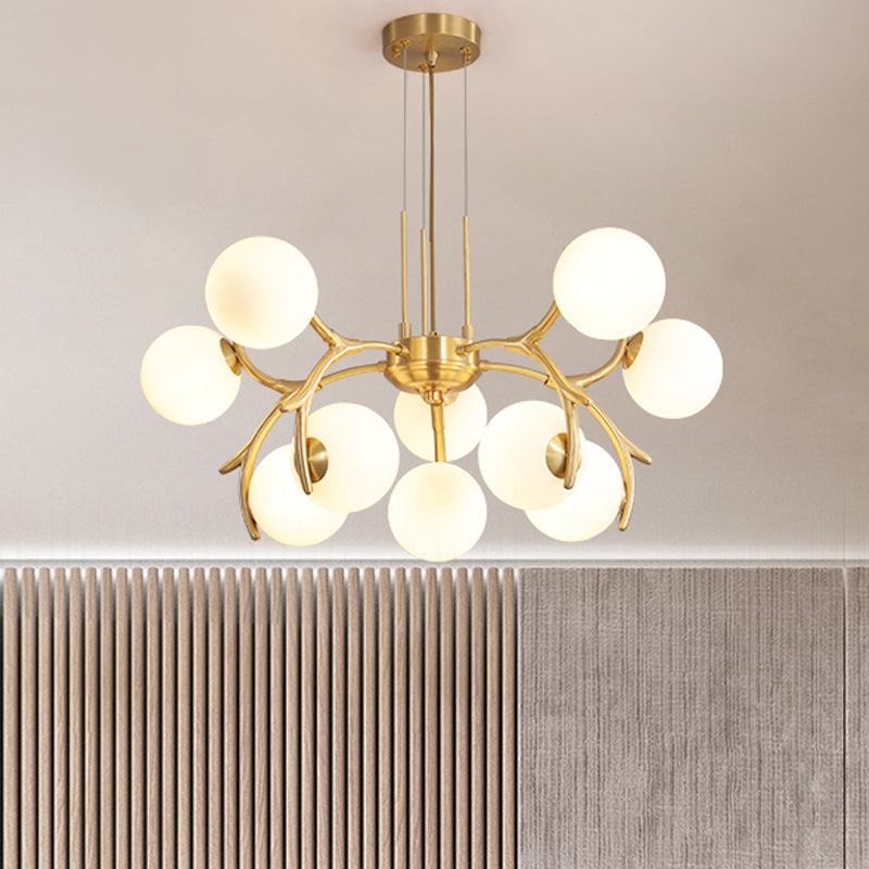 Round Hanging Chandelier Modern Opal Frosted Glass 10 Heads Pendant Lighting Fixture in Gold Clearhalo 'Ceiling Lights' 'Chandeliers' 'Close To Ceiling Lights' 'Glass shade' 'Glass' 'Modern Chandeliers' 'Modern' Lighting' 303697