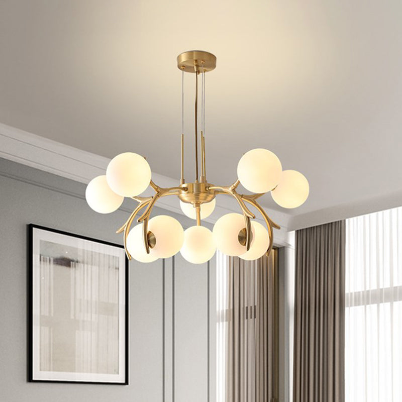 Round Hanging Chandelier Modern Opal Frosted Glass 10 Heads Pendant Lighting Fixture in Gold Gold Clearhalo 'Ceiling Lights' 'Chandeliers' 'Close To Ceiling Lights' 'Glass shade' 'Glass' 'Modern Chandeliers' 'Modern' Lighting' 303698