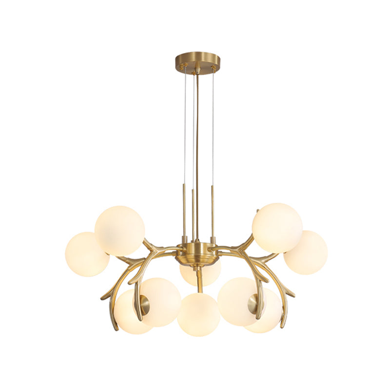 Round Hanging Chandelier Modern Opal Frosted Glass 10 Heads Pendant Lighting Fixture in Gold Clearhalo 'Ceiling Lights' 'Chandeliers' 'Close To Ceiling Lights' 'Glass shade' 'Glass' 'Modern Chandeliers' 'Modern' Lighting' 303700