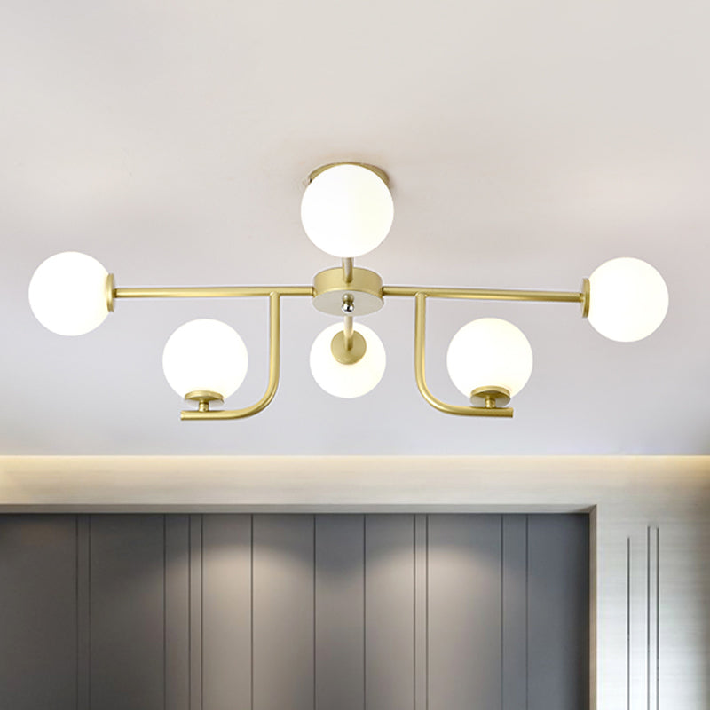 Global Semi Flush Mount Modernism White Glass 6 Bulbs Gold Ceiling Mounted Fixture Clearhalo 'Ceiling Lights' 'Chandeliers' 'Close To Ceiling Lights' 'Close to ceiling' 'Glass shade' 'Glass' 'Semi-flushmount' Lighting' 303709