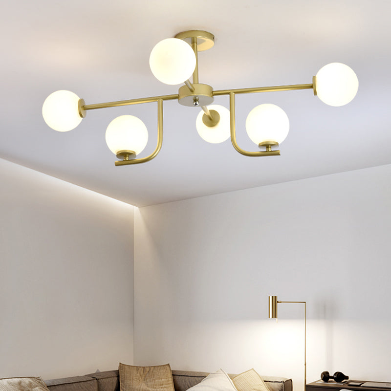 Global Semi Flush Mount Modernism White Glass 6 Bulbs Gold Ceiling Mounted Fixture Gold Clearhalo 'Ceiling Lights' 'Chandeliers' 'Close To Ceiling Lights' 'Close to ceiling' 'Glass shade' 'Glass' 'Semi-flushmount' Lighting' 303710