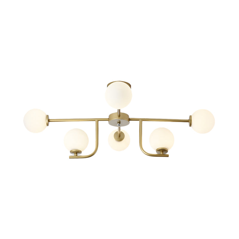 Global Semi Flush Mount Modernism White Glass 6 Bulbs Gold Ceiling Mounted Fixture Clearhalo 'Ceiling Lights' 'Chandeliers' 'Close To Ceiling Lights' 'Close to ceiling' 'Glass shade' 'Glass' 'Semi-flushmount' Lighting' 303712