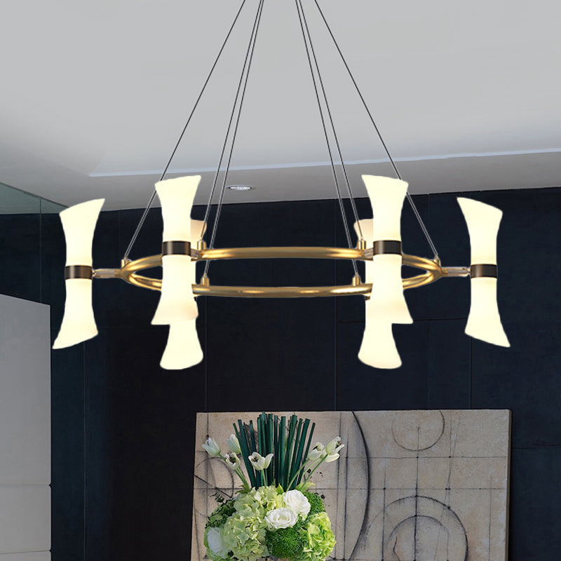 Modern 6 Heads Hanging Chandelier Gold Flared Ceiling Suspension Lamp with Frosted Glass Shade Gold Clearhalo 'Ceiling Lights' 'Chandeliers' 'Glass shade' 'Glass' 'Modern Chandeliers' 'Modern' Lighting' 303716