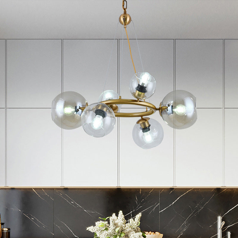 Gold Spherical Pendant Chandelier Contemporary 6/9 Heads Clear Glass Ceiling Hanging Light 6 Gold Clearhalo 'Ceiling Lights' 'Chandeliers' 'Close To Ceiling Lights' 'Glass shade' 'Glass' 'Modern Chandeliers' 'Modern' Lighting' 303728