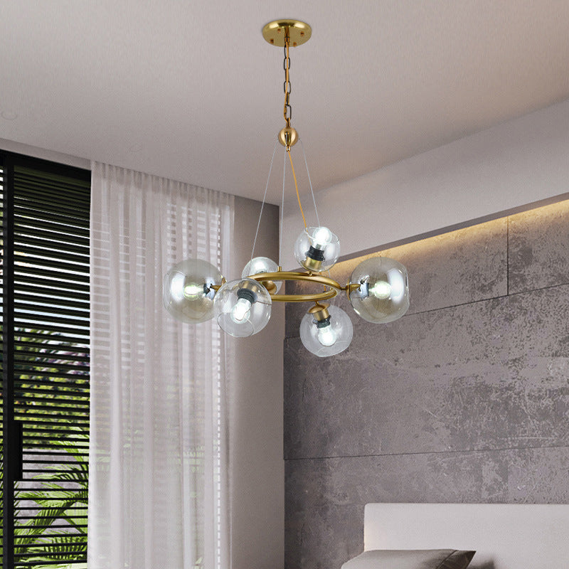 Gold Spherical Pendant Chandelier Contemporary 6/9 Heads Clear Glass Ceiling Hanging Light Clearhalo 'Ceiling Lights' 'Chandeliers' 'Close To Ceiling Lights' 'Glass shade' 'Glass' 'Modern Chandeliers' 'Modern' Lighting' 303729