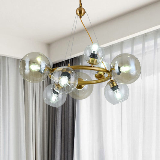 Gold Spherical Pendant Chandelier Contemporary 6/9 Heads Clear Glass Ceiling Hanging Light 9 Gold Clearhalo 'Ceiling Lights' 'Chandeliers' 'Close To Ceiling Lights' 'Glass shade' 'Glass' 'Modern Chandeliers' 'Modern' Lighting' 303732