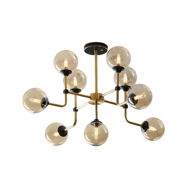 Amber Glass Globe Semi Flush Modernist 9/13 Bulbs Ceiling Mount Light Fixture in Brass Clearhalo 'Ceiling Lights' 'Chandeliers' 'Close To Ceiling Lights' 'Close to ceiling' 'Glass shade' 'Glass' 'Semi-flushmount' Lighting' 303746