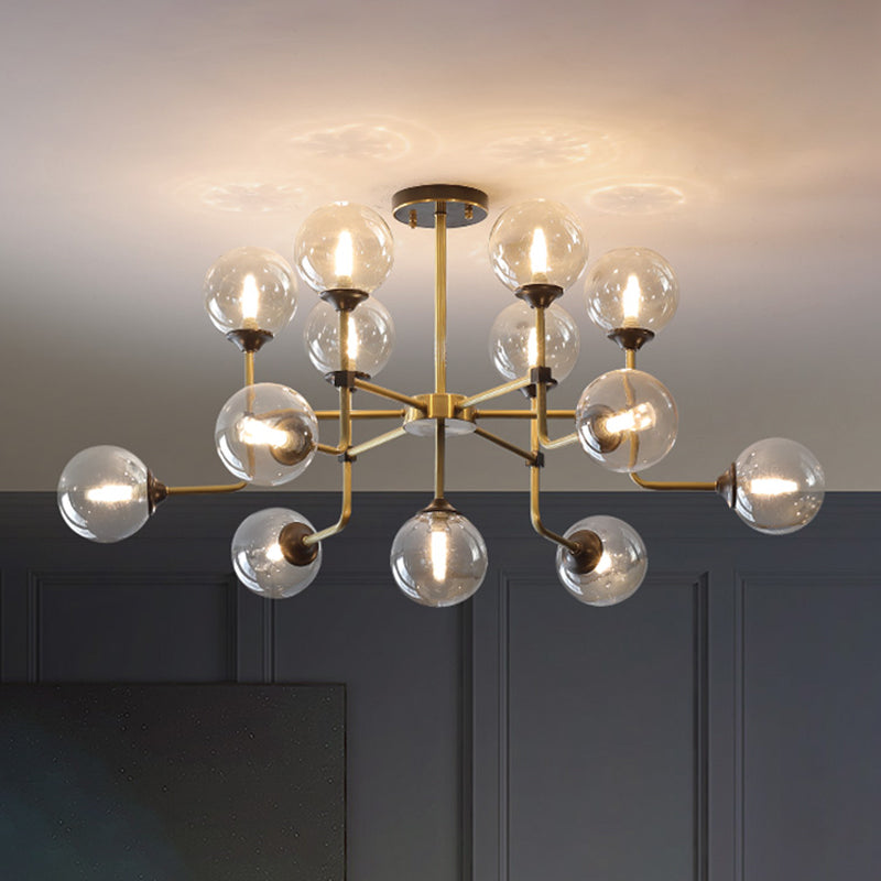 Amber Glass Globe Semi Flush Modernist 9/13 Bulbs Ceiling Mount Light Fixture in Brass 13 Brass Clearhalo 'Ceiling Lights' 'Chandeliers' 'Close To Ceiling Lights' 'Close to ceiling' 'Glass shade' 'Glass' 'Semi-flushmount' Lighting' 303748