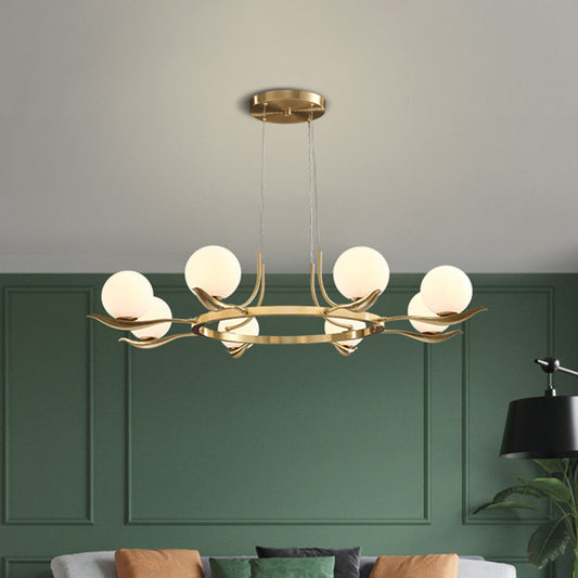 Frosted White Glass Ball Ceiling Chandelier Modern 6 Heads Suspended Lighting Fixture in Brass Brass Clearhalo 'Ceiling Lights' 'Chandeliers' 'Glass shade' 'Glass' 'Modern Chandeliers' 'Modern' Lighting' 303760