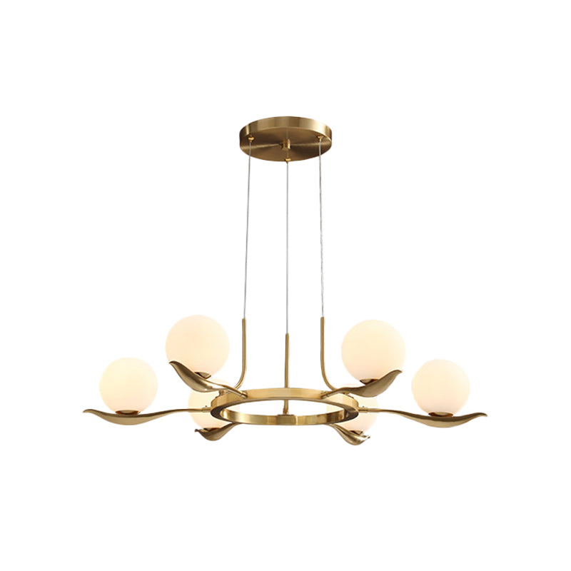 Frosted White Glass Ball Ceiling Chandelier Modern 6 Heads Suspended Lighting Fixture in Brass Clearhalo 'Ceiling Lights' 'Chandeliers' 'Glass shade' 'Glass' 'Modern Chandeliers' 'Modern' Lighting' 303762