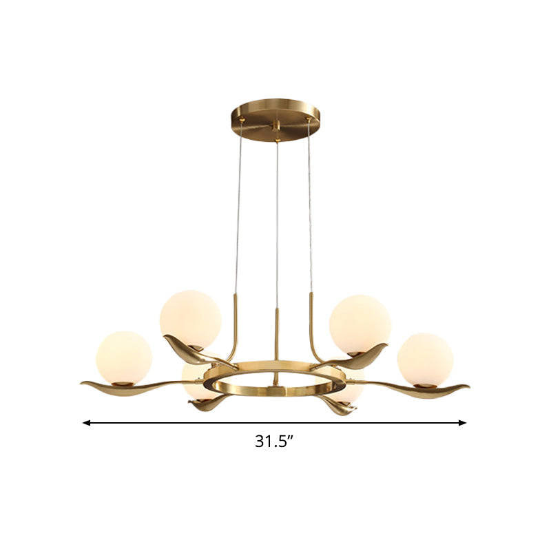 Frosted White Glass Ball Ceiling Chandelier Modern 6 Heads Suspended Lighting Fixture in Brass Clearhalo 'Ceiling Lights' 'Chandeliers' 'Glass shade' 'Glass' 'Modern Chandeliers' 'Modern' Lighting' 303763