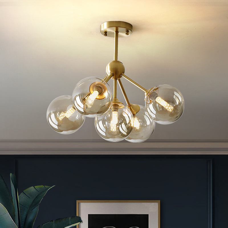 5 Heads Dining Room Pendant Chandelier Modern Brass Hanging Light Kit with Orb Amber Glass Shade Clearhalo 'Ceiling Lights' 'Chandeliers' 'Glass shade' 'Glass' 'Modern Chandeliers' 'Modern' Lighting' 303765