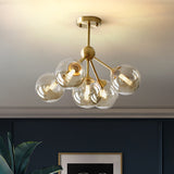 5 Heads Dining Room Pendant Chandelier Modern Brass Hanging Light Kit with Orb Amber Glass Shade Clearhalo 'Ceiling Lights' 'Chandeliers' 'Glass shade' 'Glass' 'Modern Chandeliers' 'Modern' Lighting' 303765