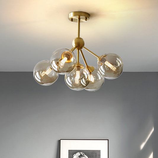 5 Heads Dining Room Pendant Chandelier Modern Brass Hanging Light Kit with Orb Amber Glass Shade Brass Clearhalo 'Ceiling Lights' 'Chandeliers' 'Glass shade' 'Glass' 'Modern Chandeliers' 'Modern' Lighting' 303766