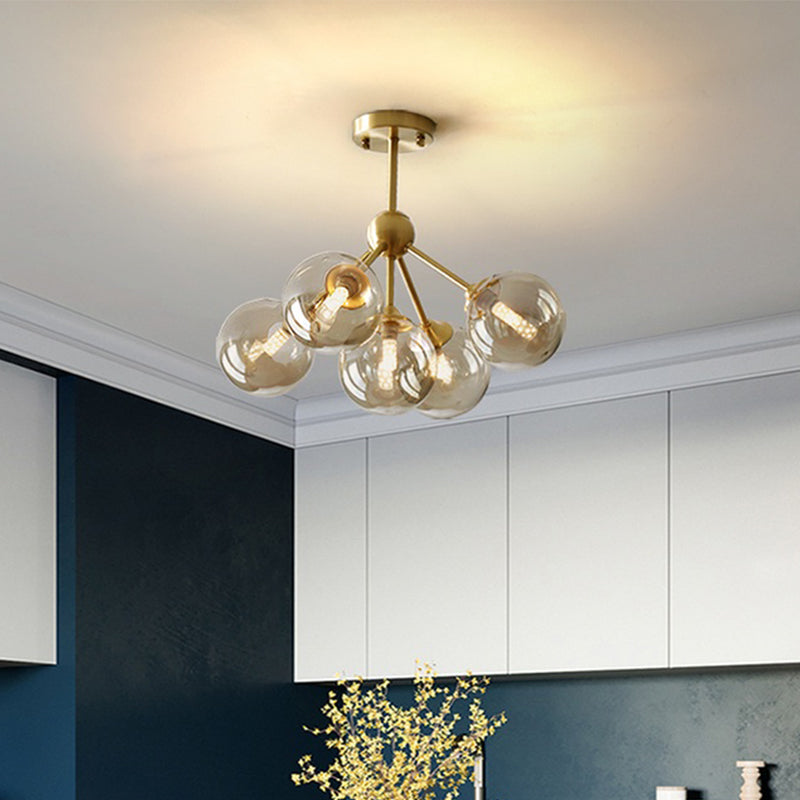 5 Heads Dining Room Pendant Chandelier Modern Brass Hanging Light Kit with Orb Amber Glass Shade Clearhalo 'Ceiling Lights' 'Chandeliers' 'Glass shade' 'Glass' 'Modern Chandeliers' 'Modern' Lighting' 303767