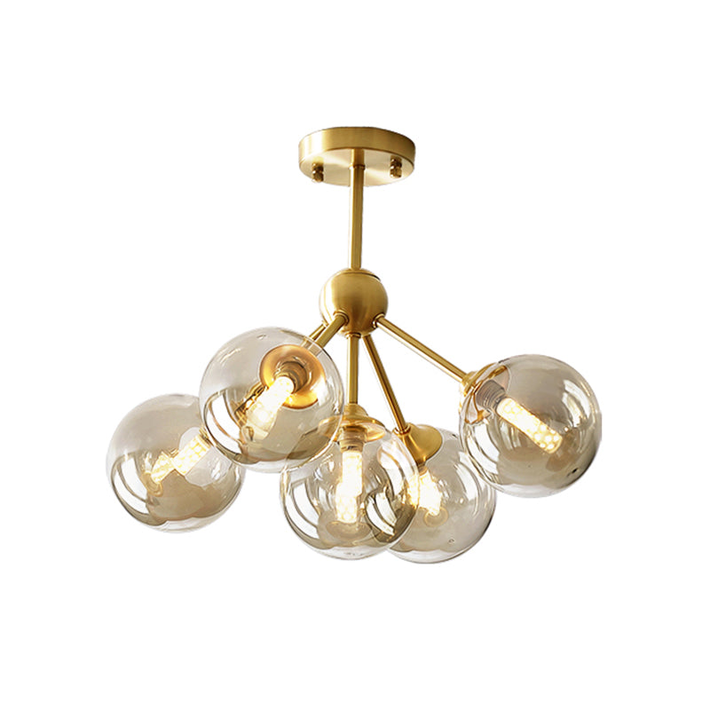 5 Heads Dining Room Pendant Chandelier Modern Brass Hanging Light Kit with Orb Amber Glass Shade Clearhalo 'Ceiling Lights' 'Chandeliers' 'Glass shade' 'Glass' 'Modern Chandeliers' 'Modern' Lighting' 303768