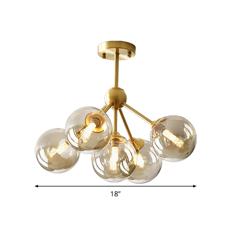 5 Heads Dining Room Pendant Chandelier Modern Brass Hanging Light Kit with Orb Amber Glass Shade Clearhalo 'Ceiling Lights' 'Chandeliers' 'Glass shade' 'Glass' 'Modern Chandeliers' 'Modern' Lighting' 303769