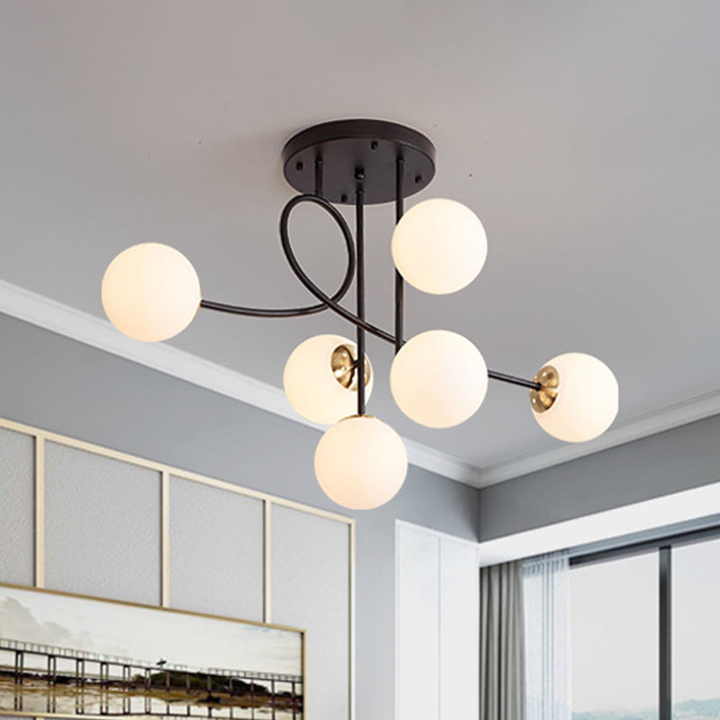 Metal Armed Ceiling Chandelier Modernist 6 Bulbs Black/Gold Hanging Light Fixture with Smoke Grey/Cognac/Milk White Glass Shade Black Milk White Clearhalo 'Ceiling Lights' 'Chandeliers' 'Glass shade' 'Glass' 'Modern Chandeliers' 'Modern' Lighting' 303778